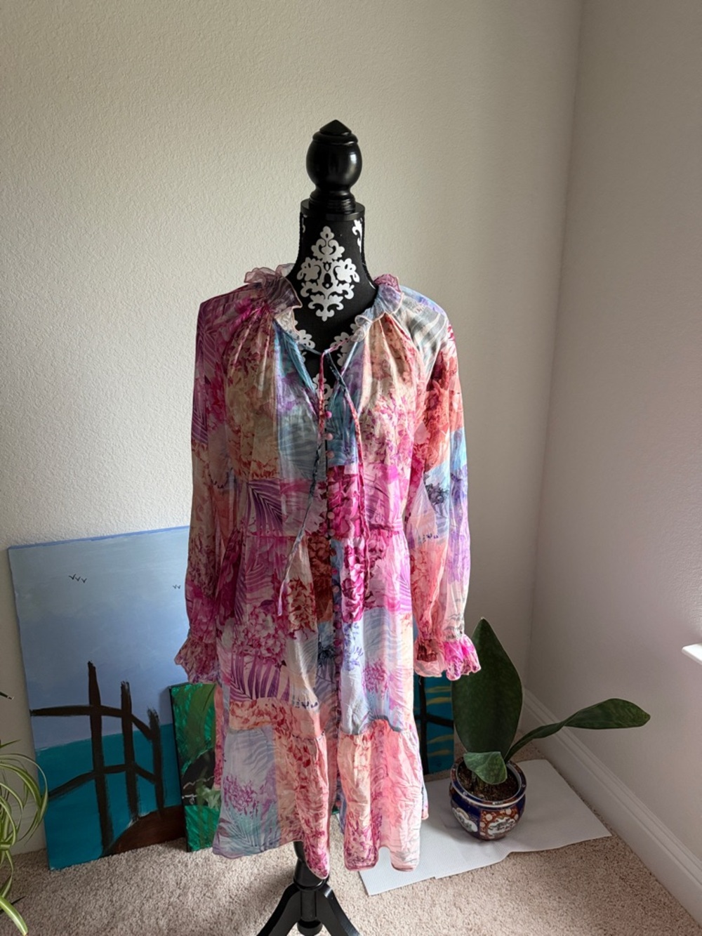 Johnny Was Multicolor Pink and Blue Floral Patchwork Long Sleeve Tunic Dress